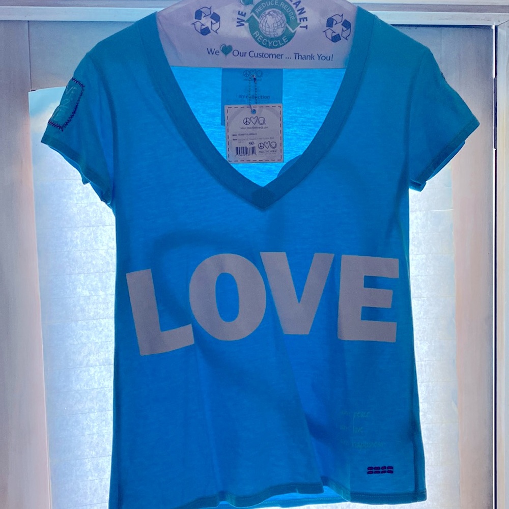 Peace Love World V neck T’s. Red, blue white